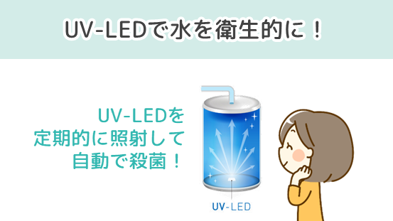 エブリィフレシャスのウォーターサーバーはUV-LED機能搭載を搭載しており、水を自動的に殺菌し衛生的に保ってくれる