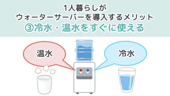 1人暮らしがウォーターサーバーを導入するメリット３．冷水・温水をすぐに使える